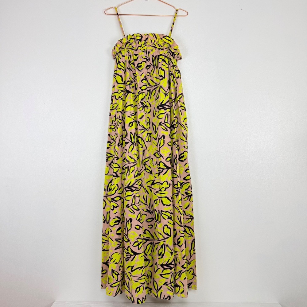 Essentiel Antwerp Maxi Dress Size L Yellow Leaf Print Cotton Poplin Resortwear